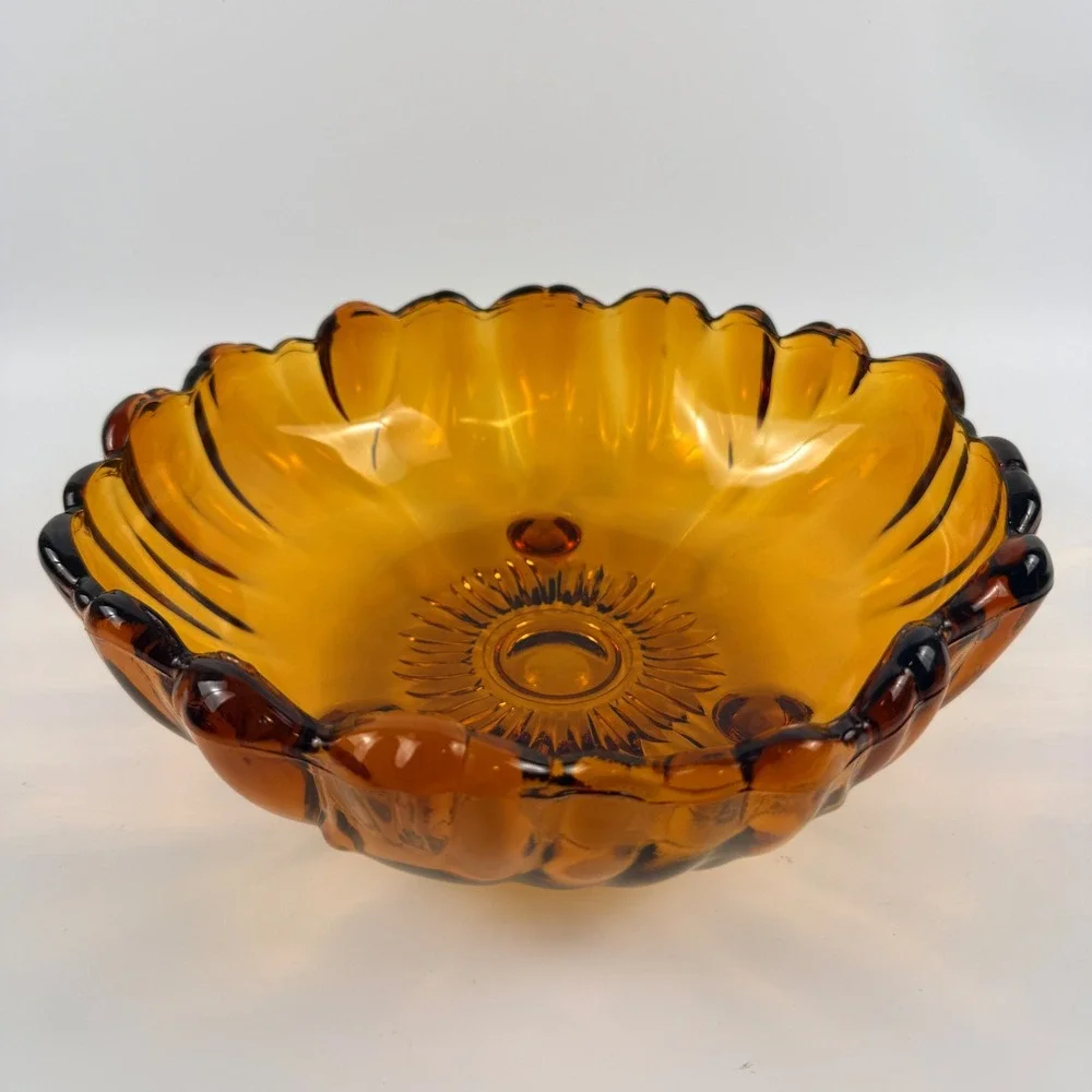 Vintage Indiana Glass Amber Sunflower Footed Console Fruit Bowl 10 Inch
